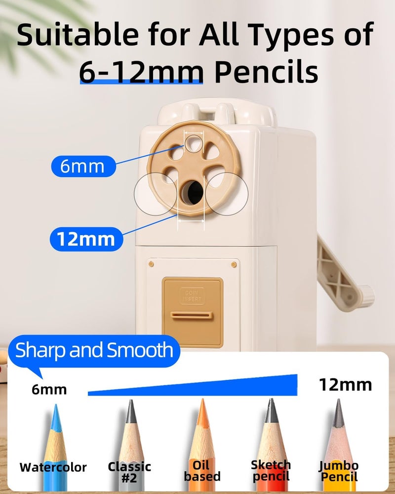 Zmol Manual Hand Crank Pencil Sharpener for Color Pencil,6 Sizes for 6-12mm Colored Pencil Sharpener Handheld with Adjustable Point,Kids, Students, Classroom, Home/Office/School Hand Held White - Image 2
